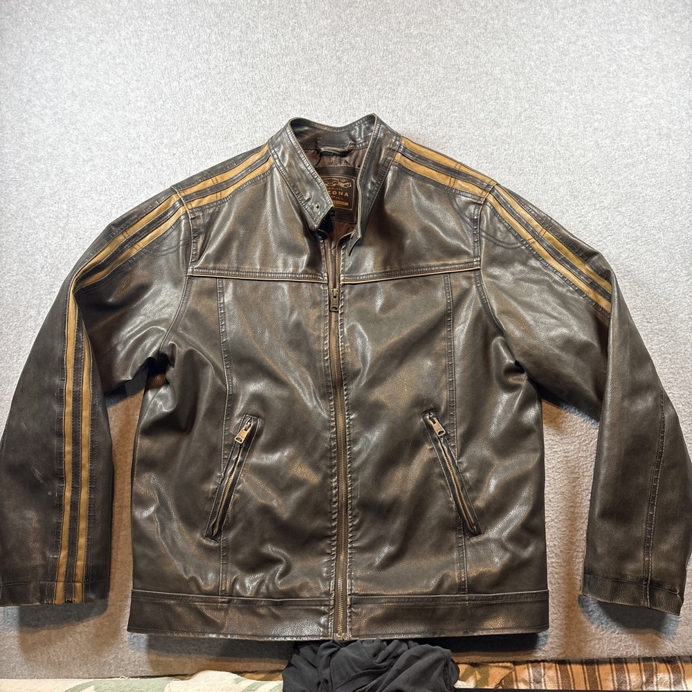 Arizona Men's Faux Leather Bomber Jacket Size L Brown Striped Full Zip Biker